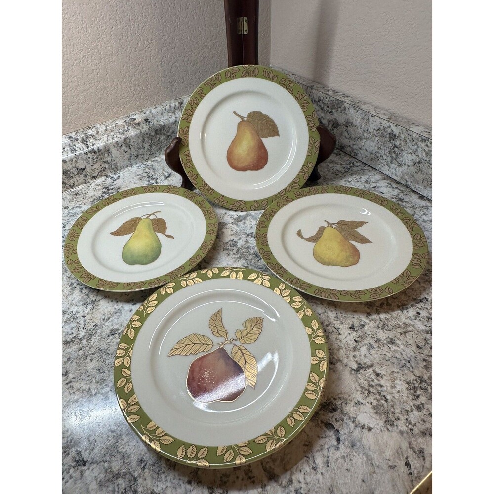 Crate & Barrel Golden Pears 8” Salad Plates Julia Bullmore 1998 Gold Set Of 4